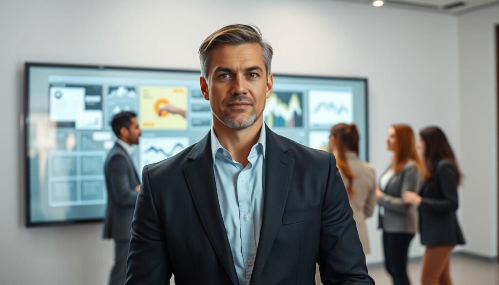 A dynamic, well-lit portrait of a confident, determined executive leading a team of professionals in a modern, minimalist office setting. The leader stands in the foreground, dressed in a sharp, tailored suit, exuding an air of authority and decisiveness. Behind them, the team is engaged in active discussion, collaborating on projects displayed on a large, transparent touchscreen. The overall atmosphere conveys a sense of focused, collaborative leadership driving the success of the organization. Soft, directional lighting illuminates the scene, creating depth and emphasizing the leader's presence. The composition is balanced, with the leader positioned as the central focal point.
