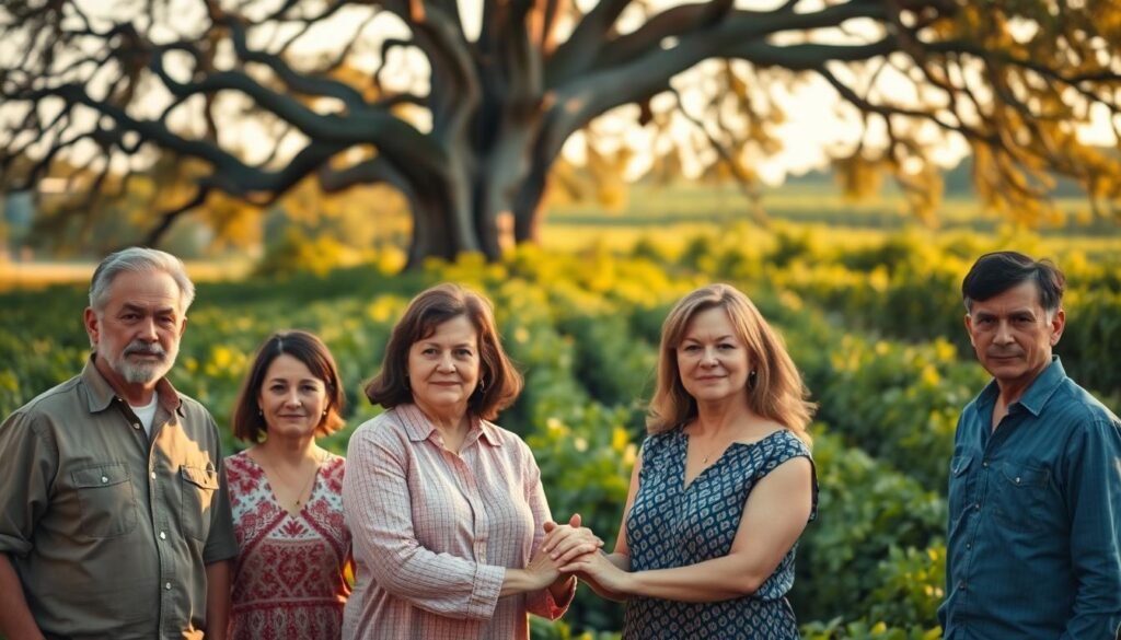 A family-owned business in transition, a tug-of-war between tradition and progress. In the foreground, a group of middle-aged siblings, hands interlocked, their expressions a mix of apprehension and resolve. Behind them, a lush, verdant landscape, symbolic of the family's legacy, casts a pensive shadow. The lighting is soft, golden, evoking a sense of nostalgia and the weight of generations. In the background, a towering oak tree, its gnarled branches reaching skyward, a metaphor for the deeply rooted resistance to change. Capture the delicate balance between honoring the past and embracing the future, the challenge of succession within a family business.