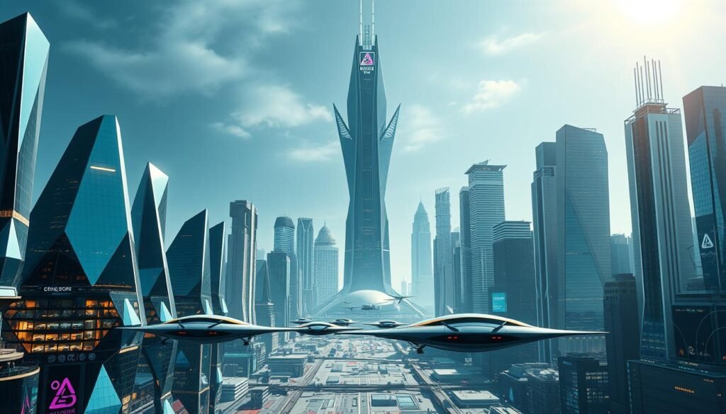 A futuristic cityscape of gleaming towers, where cutting-edge technology seamlessly integrates with the urban landscape. In the foreground, a series of sleek, faceted buildings with streamlined silhouettes and reflective glass facades, casting a kaleidoscope of colors and patterns on the ground below. The middle ground features a network of hovering transport pods and drones, conveying a sense of efficient, AI-driven mobility. In the background, a towering, high-tech command center rises, its angular architecture and glowing energy panels conveying the power of advanced computational systems. Diffused lighting from all angles creates a sense of depth and a futuristic, almost ethereal atmosphere, capturing the essence of "tecnología" in a visually striking and technologically advanced cityscape.