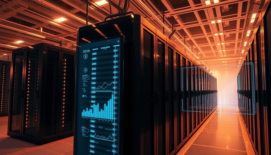 A futuristic database warehouse, illuminated by warm, ambient lighting. Rows of glossy, black server racks stand tall, with crisp, clean lines and a sleek, minimalist design. The atmosphere is one of order and efficiency, with a subtle hum of activity. In the foreground, a transparent display panel shows a visual representation of data flow, with elegant, animated graphs and charts. The background is hazy, with a sense of depth and scale, suggesting the vastness of the digital infrastructure. The overall composition conveys a feeling of technological sophistication and data-driven compliance.