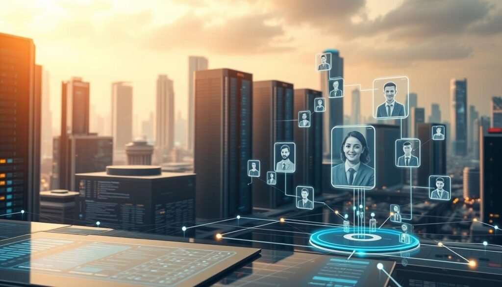 A futuristic digital landscape showcasing the seamless integration of recruitment processes. In the foreground, a sleek user interface with interconnected modules highlights the smooth flow of candidate data. The middle ground features holographic representations of job applicants, their profiles dynamically displayed. In the background, a cityscape of gleaming skyscrapers and data centers symbolizes the efficient infrastructure powering this integrated hiring ecosystem. Warm, muted lighting casts a sense of productivity and innovation, while the composition emphasizes the harmony between technology and the human elements of talent acquisition.