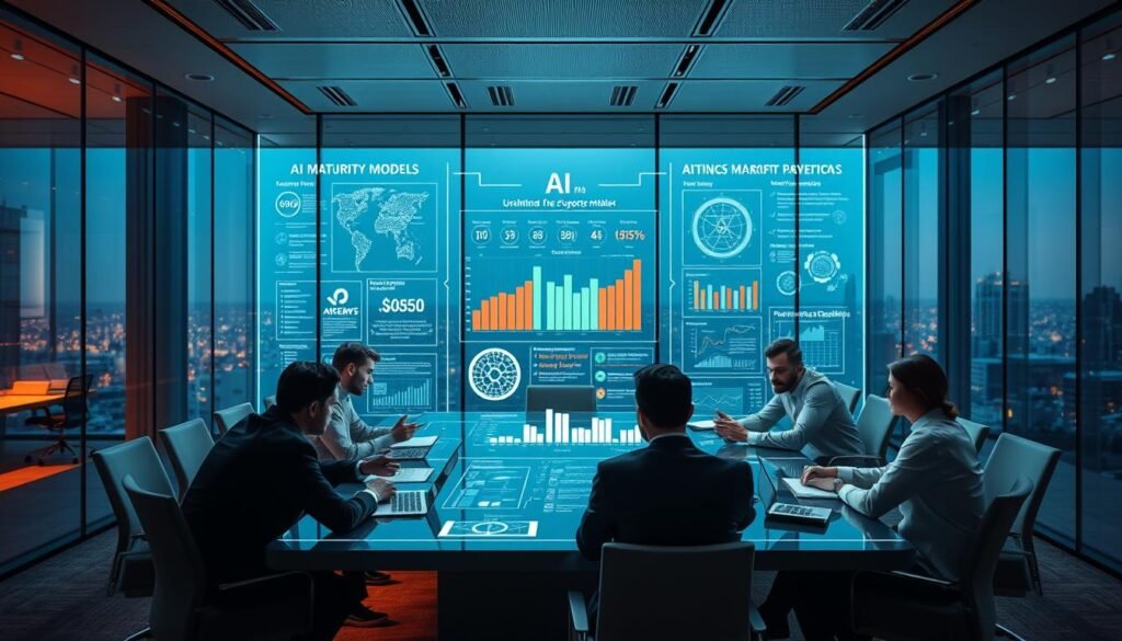 A glass-walled conference room bathed in warm, diffused lighting. At the center, a large holographic display projects intricate visualizations of AI maturity models, organizational data, and performance metrics. Around the table, a team of executives and data scientists lean in, intently analyzing the insights. The room's ambiance is one of thoughtful contemplation, as they assess the current state of their company's AI capabilities and identify opportunities for strategic advancement. Sleek, modern furniture and equipment underscores the high-tech nature of the proceedings, while the city skyline visible through the windows suggests a dynamic, forward-thinking enterprise.