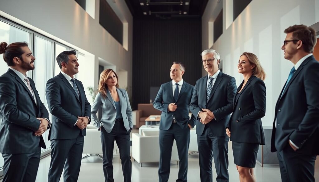 A group of distinguished, well-dressed executives standing in a modern, minimalist office setting. Soft, directional lighting illuminates their thoughtful expressions as they engage in a lively discussion, showcasing their expertise and high-level decision-making abilities. The background features sleek, contemporary furniture and architectural details that convey a sense of sophistication and professionalism. The scene exudes an aura of authority, influence, and the pursuit of strategic leadership, reflecting the essence of the "Principales headhunters de alta gerencia en Colombia".