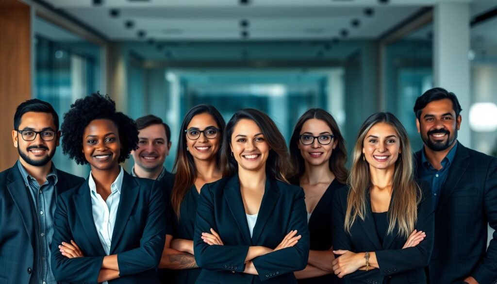 A group of diverse candidates standing confidently against a blurred backdrop of a modern office. The candidates are dressed professionally, each with a unique expression and body language conveying their suitability for a CTO role. The lighting is soft and flattering, highlighting the candidates' features and creating a sense of approachability. The composition is balanced, with the candidates arranged in a visually appealing manner, conveying a sense of unity and shared purpose. The overall mood is one of professionalism, competence, and potential, capturing the essence of the "Estrategias de atracción: plataformas de nicho, comunidad y propuesta de valor" section.