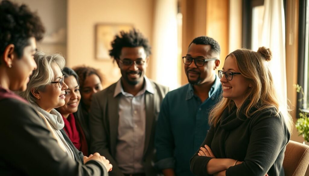 A group of diverse individuals, including coaches, leaders, and facilitators, gathered together in a warm and inviting setting. They are engaged in a thoughtful discussion, their expressions reflecting the depth and significance of their shared experiences. The scene is bathed in soft, natural lighting, creating an atmosphere of openness and trust. The composition places the individuals at the forefront, with the background softly blurred, emphasizing the focus on their testimonies and the power of their voices. The overall mood is one of connection, empowerment, and the transformative potential of trauma-informed leadership.