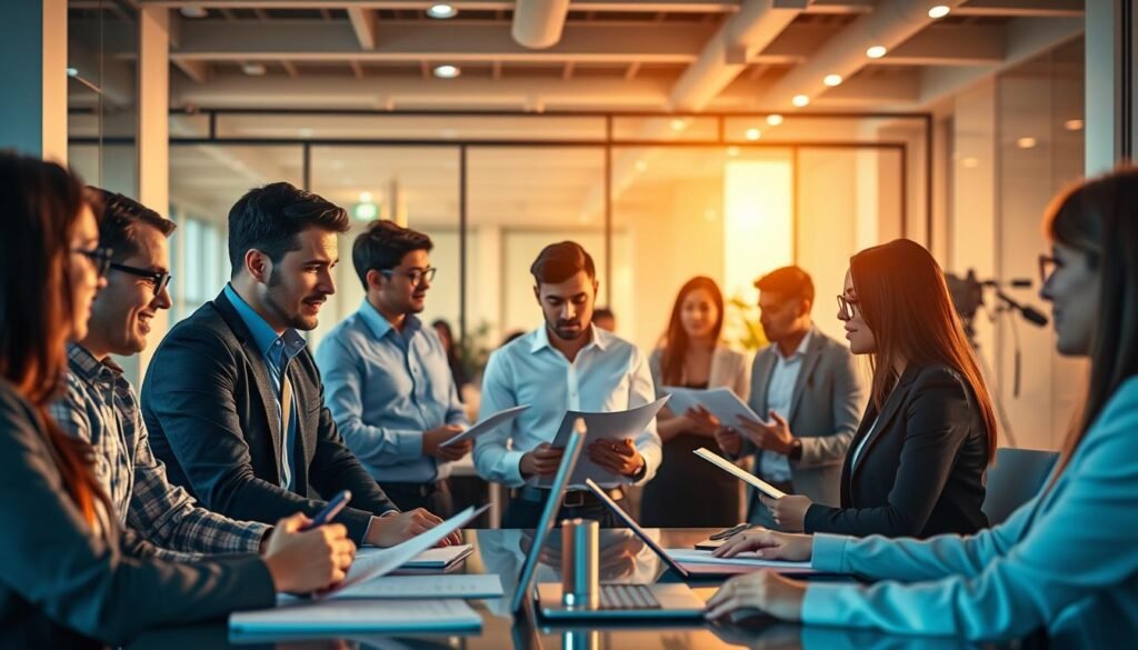 A group of diverse professionals engaging in a dynamic recruitment process, illuminated by warm, natural lighting that enhances the collaborative atmosphere. The foreground features a panel of interviewers intently evaluating candidate profiles and resumes, while the middle ground showcases candidates engaged in discussions and presentations. In the background, a sleek, modern office space with minimalist design elements and strategically placed technology creates a sophisticated, innovative setting conducive to the efficient selection of top talent through the power of artificial intelligence.