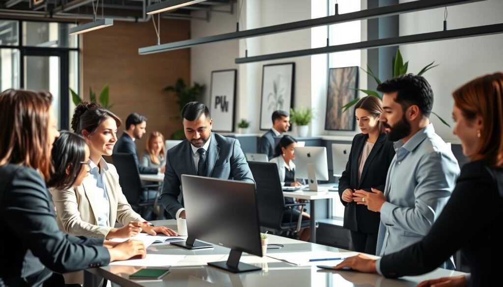 A group of diverse professionals in a modern corporate office setting, dressed in business attire and engaged in various tasks. The foreground depicts colleagues collaborating at a conference table, with natural lighting filtering through large windows. In the middle ground, employees are working at their desks, focused on their computer screens. The background showcases a sleek, minimalist decor with potted plants, art pieces, and subtle branding elements, creating a polished and professional atmosphere. The overall mood is one of productivity, teamwork, and adherence to corporate governance and employment regulations.
