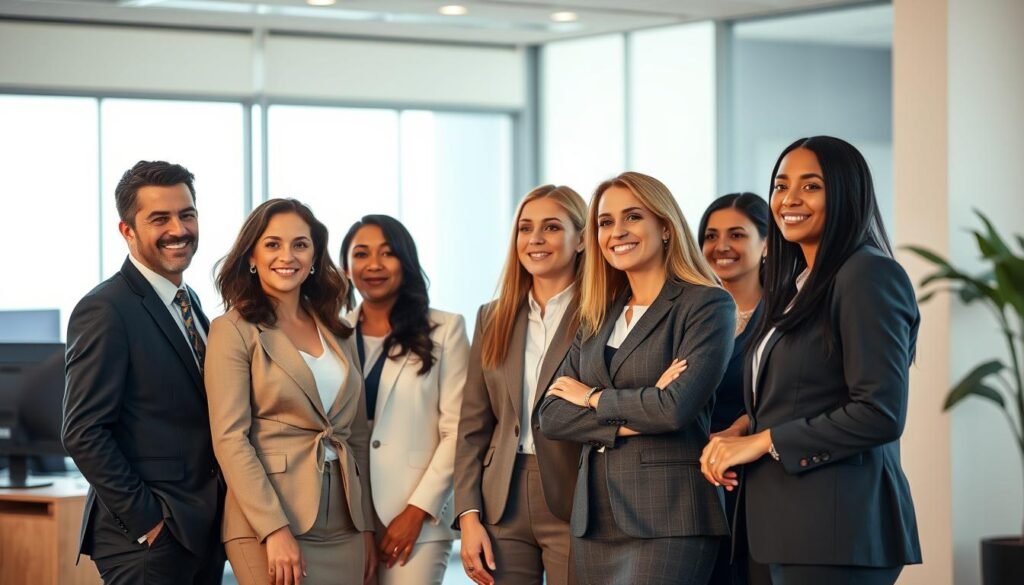 A group of diverse, well-dressed professionals standing in a modern, well-lit office setting. The candidates are engaged in conversation, exuding confidence and a sense of purpose. The lighting is warm and slightly directional, creating defined shadows and highlights that accentuate the subjects' features. The background is clean and minimalist, with hints of technology and office decor, emphasizing the corporate, executive atmosphere. The overall composition conveys a sense of professionalism, attention to detail, and the high-caliber talent available for the telecommunications headhunting services.