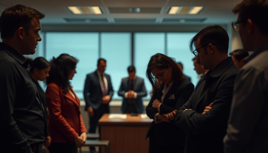 A group of employees gathered in a somber, corporate office setting, with a sense of uncertainty and resignation. In the foreground, several figures stand with slumped postures, their expressions conveying a mix of apprehension and resignation. The middle ground features a desk or table, suggesting an impending meeting or discussion. The background is softly blurred, creating a sense of isolation and focus on the central figures. The lighting is muted, casting subtle shadows that accentuate the gravity of the situation. The overall tone is one of unease and the weight of a difficult decision, captured through a cinematic, documentary-style perspective.