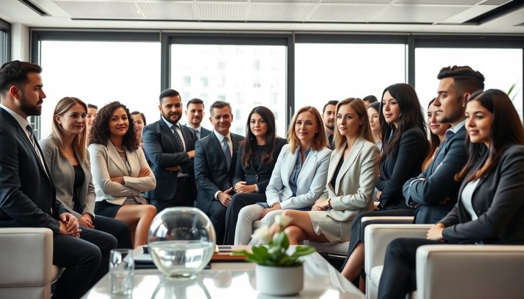 A group of focused, well-dressed individuals in a modern office setting, engaged in thoughtful discussion and collaboration. The foreground showcases a diverse team of executives and managers, their expressions conveying a sense of professionalism and strategic intent. In the middle ground, sleek, minimalist furniture and decor create a polished, high-end atmosphere. The background is framed by large windows, allowing natural light to flood the space and giving the scene a sense of openness and clarity. The overall mood is one of confidence, expertise, and the pursuit of excellence in the executive search process.