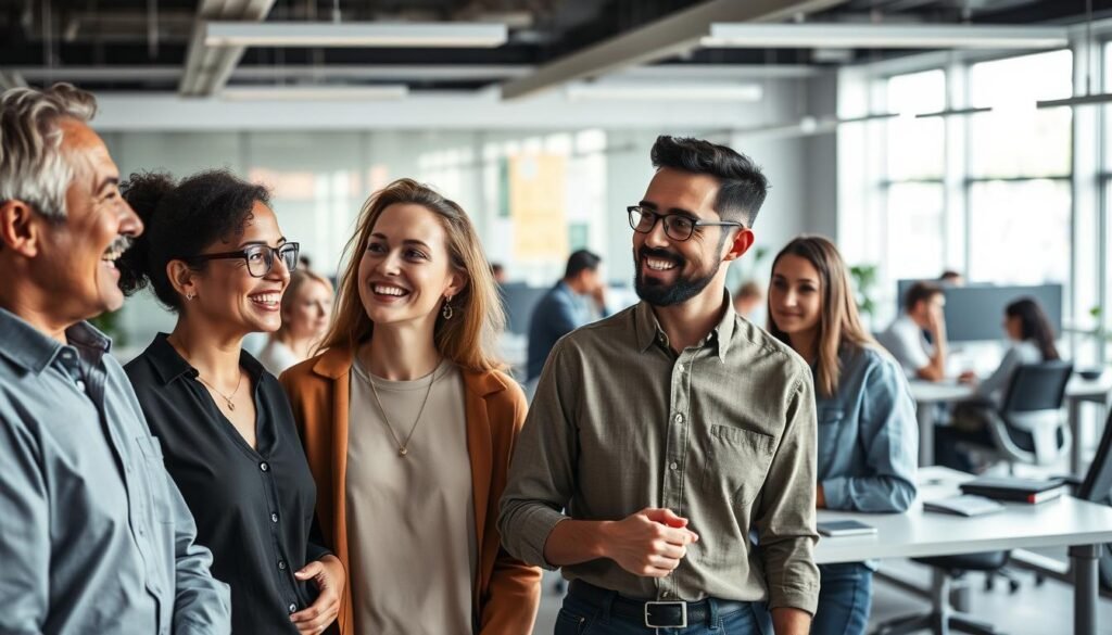A group of personas, diverse in age, gender, and background, gathered in a modern office setting. The foreground features three individuals engaged in lively discussion, their faces animated and expressive. The middle ground showcases a team working collaboratively at desks, their body language conveying a sense of focus and camaraderie. In the background, an open-concept workspace with ample natural light, minimalist decor, and sleek, ergonomic furniture creates a tranquil, productive atmosphere. Lighting is soft and diffused, creating depth and highlighting the personas' features. The overall scene conveys a harmonious blend of creativity, professionalism, and operational efficiency.