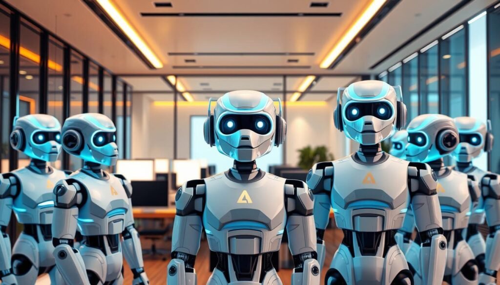A group of sophisticated chatbots in a modern office setting, with sleek, minimal design and warm lighting. The chatbots are arranged in the foreground, their digital avatars conveying a sense of efficiency and automation. In the middle ground, there are desks and computer terminals, hinting at the integration of these AI tools into the recruitment workflow. The background features stylized architectural elements, such as glass walls and clean lines, creating a professional and futuristic atmosphere.