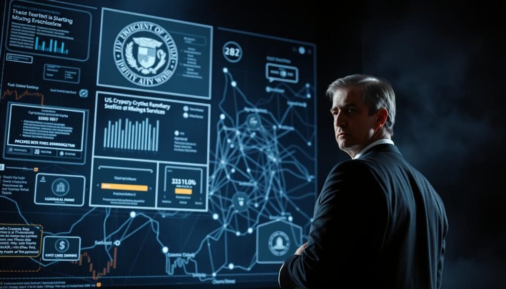 A high-contrast, cinematic image depicting the U.S. Department of Justice's crackdown on cryptocurrency fraud and money laundering. In the foreground, a stern-faced government agent in a suit stands before a holographic display showcasing complex financial data and diagrams of cryptocurrency mixing services. The middle ground features a tangled web of digital transactions and illicit fund flows, while the background is shrouded in an ominous, shadowy atmosphere, suggesting the dark underbelly of the crypto ecosystem. Dramatic lighting casts sharp shadows, emphasizing the seriousness and weight of the DOJ's actions. The overall mood is one of law enforcement scrutiny and a clear message to the crypto market.
