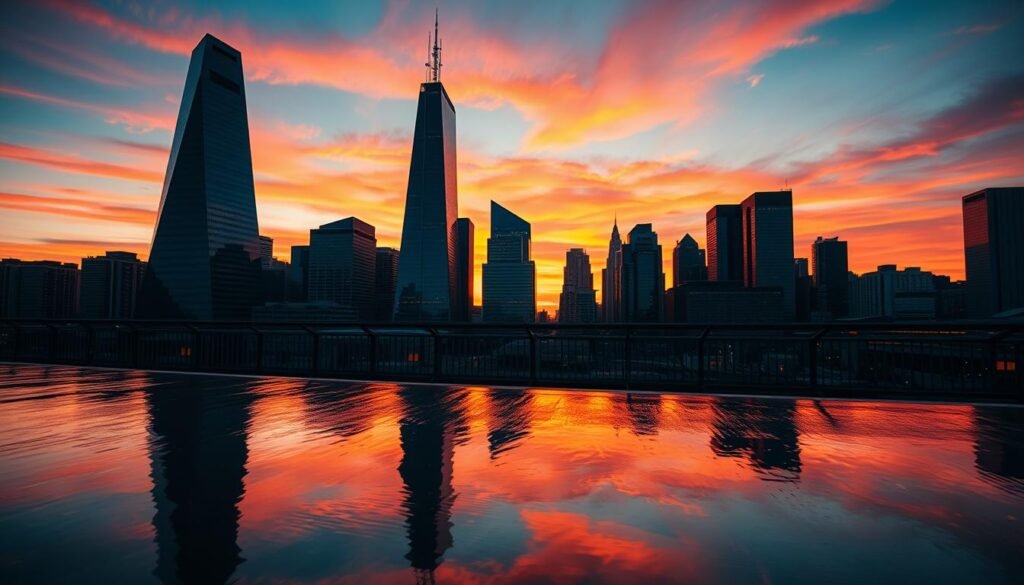 A high-contrast, cinematic image of a financial district skyline at dusk. The foreground features a modern glass and steel skyscraper, its angular architecture reflected in a pool of water. In the middle ground, rows of shorter office buildings stretch out, their windows glowing with the warm light of late day. The background is dominated by a stunning sunset, the sky ablaze with vibrant hues of orange, red, and purple. The scene conveys a sense of power, progress, and opportunity in the world of finance. The lighting is dramatic, with long shadows cast across the scene. The camera angle is slightly elevated, giving a commanding view of the cityscape.