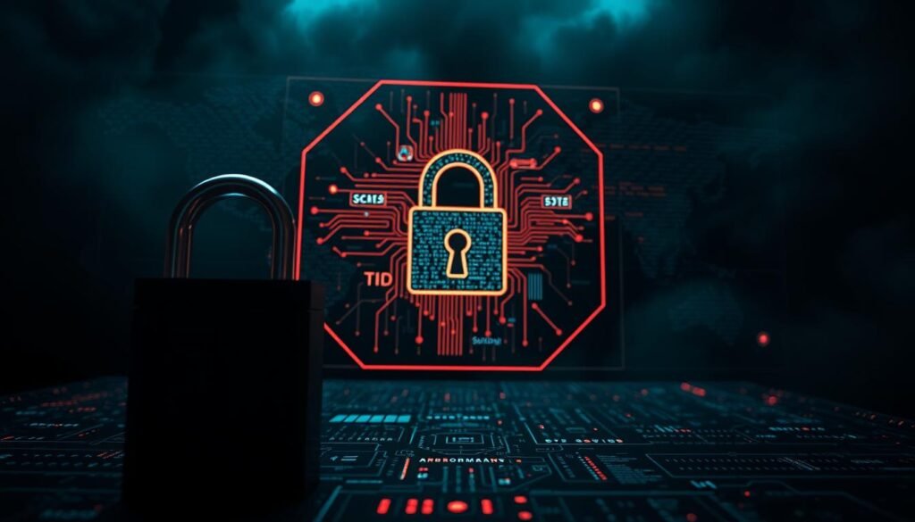 A high-contrast, cinematic scene depicting the convergence of intellectual property, technology, and international sanctions. In the foreground, an abstract, geometric representation of a locked padlock symbolizes the protection of sensitive data and IP. The middle ground features a striking holographic display showcasing interconnected circuits, code, and data visualizations, hinting at the complexities of navigating technological and regulatory environments. The background is shrouded in a dramatic, moody atmosphere, with ominous shadows and hints of geopolitical tensions, conveying the gravity and high stakes involved in managing these converging issues.