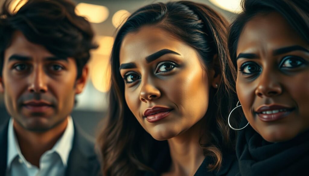 A high-contrast, close-up portrait of three diverse business leaders in the retail industry, their faces illuminated by soft, warm lighting that creates a sense of depth and drama. The subjects' expressions convey a sense of determination, expertise, and strategic thinking, capturing the essence of "executive search retail Colombia" and the success of businesses in this sector. The image has a cinematic, editorial feel, with a shallow depth of field that focuses the viewer's attention on the key individuals. The background is subtly blurred, allowing the subjects to stand out prominently.