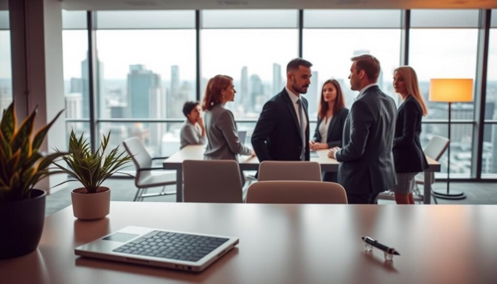A high-key, corporate office interior with warm, indirect lighting. In the foreground, a sleek, minimalist desk with a laptop, pen, and a potted plant. In the middle ground, a group of professional-looking people in business attire engaged in a meeting around a conference table, their expressions serious yet thoughtful. The background features floor-to-ceiling windows offering a panoramic view of a modern city skyline. The overall atmosphere conveys a sense of professionalism, efficiency, and attention to legal and human resource-related matters.