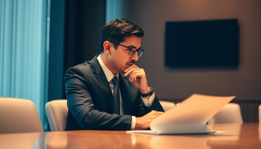 A high-level executive sitting at a boardroom table, deep in contemplation, with an elegant yet formal attire. Soft, diffused lighting casts a warm glow, creating an atmosphere of thoughtful deliberation. The background is blurred, placing the focus solely on the subject's pensive expression as they consider the optimal moment and setting for an important salary negotiation conversation. The scene conveys a sense of gravity and professionalism, reflecting the seriousness of the topic at hand.
