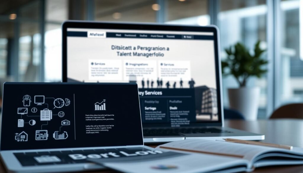 A high-quality, detailed portfolio of services displayed on a sleek, modern portfolio website. The foreground features various icons and infographic elements showcasing the range of services, with clean typography and a minimalist aesthetic. The middle ground shows a laptop displaying the portfolio website, with the screen reflecting a professional, well-designed layout. The background has a subtle, blurred cityscape or office setting, conveying a sense of a thriving, dynamic business environment. The lighting is soft and natural, creating a professional, polished atmosphere. The overall composition should feel visually appealing, informative, and representative of a comprehensive talent management portfolio.
