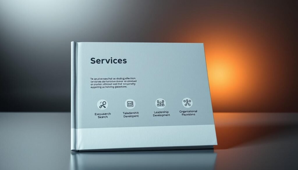 A high-quality, professional-looking services portfolio showcased against a sleek, modern backdrop. The portfolio features clean, visually striking graphics and icons, highlighting the key services offered - executive search, talent selection, leadership development, and organizational growth solutions. Subtle lighting casts a warm, inviting glow, while the composition emphasizes balance and harmony. The overall tone conveys a sense of expertise, efficiency, and innovation - qualities that would appeal to discerning executives and organizations seeking top talent and strategic guidance.