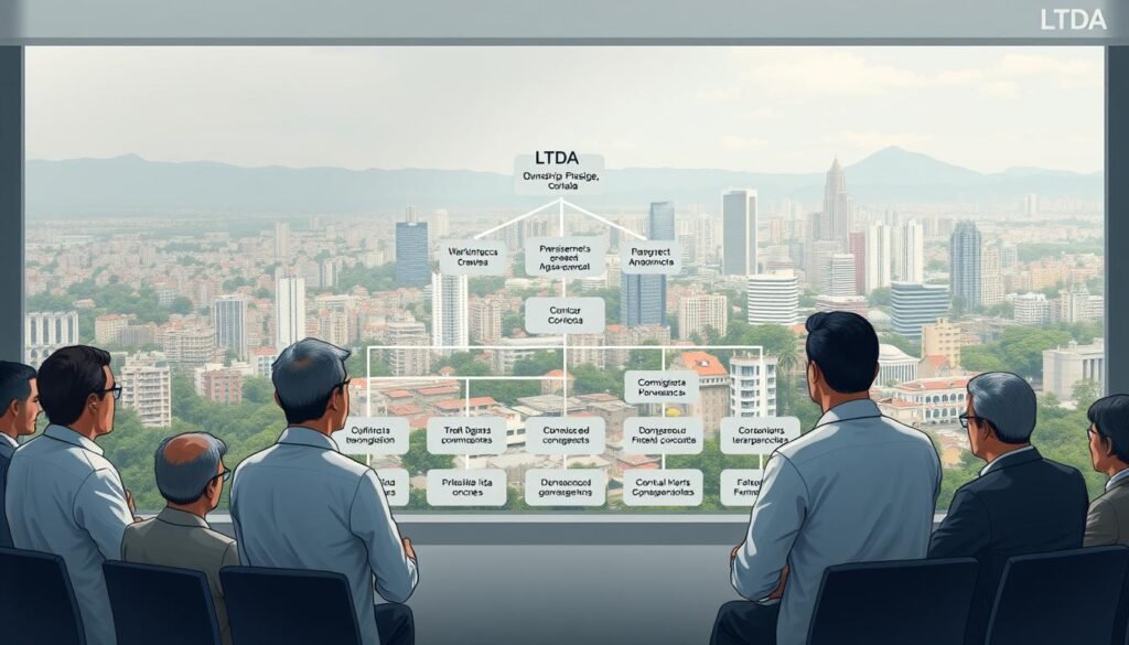 A high-resolution, detailed illustration depicting the ownership, governance, and control structures of an LTDA company in Colombia. In the foreground, a group of socios (shareholders) are gathered, engaged in discussion and decision-making, representing the collaborative nature of the company's management. The middle ground showcases the LTDA's organizational hierarchy, with clear lines of authority and responsibility. In the background, a vibrant cityscape of Bogotá provides the context, reflecting the company's integration within the Colombian business landscape. The scene is rendered in a clean, professional style with soft lighting and a neutral color palette, conveying a sense of stability and professionalism.