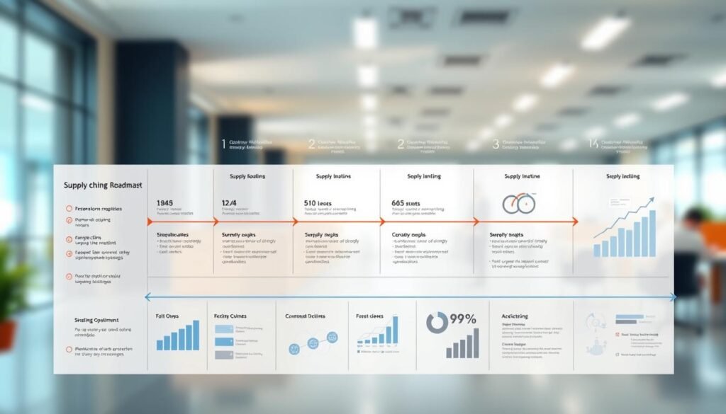 A high-resolution, detailed illustration of a strategic roadmap for a supply chain optimization initiative. The foreground depicts a large, sleek infographic with clear milestones, timelines, and actionable steps, rendered in a minimalist, data-driven style with muted colors and clean typography. The middle ground showcases supporting data visualizations such as graphs, charts, and KPI tracking tools, all seamlessly integrated into the overall design. The background features a blurred, out-of-focus office environment with subtle hints of a professional business setting, conveying a sense of focused execution and real-world application. The lighting is soft and natural, with gentle shadows and highlights enhancing the visual clarity and depth of the composition. The overall mood is one of strategic planning, operational efficiency, and a methodical approach to supply chain optimization.