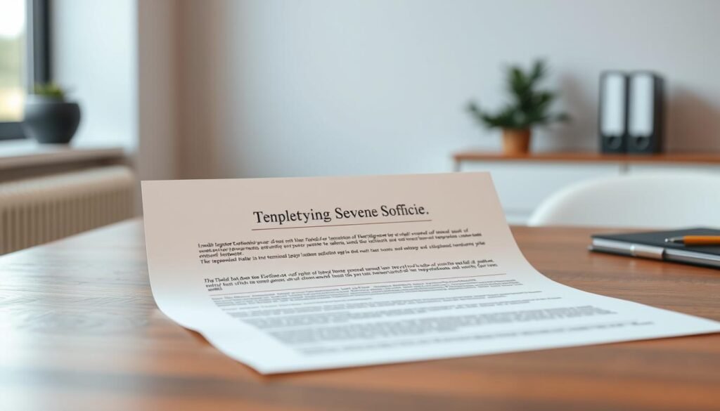 A high-resolution image of a legal notice document sitting on a wooden desk, with a modern, professional atmosphere. The document is in focus, with a warm, soft lighting illuminating the crisp white paper. The background is slightly blurred, showcasing a minimalist office setting with neutral tones and clean lines, creating a sense of formality and attention to detail. The composition emphasizes the importance of the notice, conveying a sense of care and diligence in the handling of termination and severance rules.