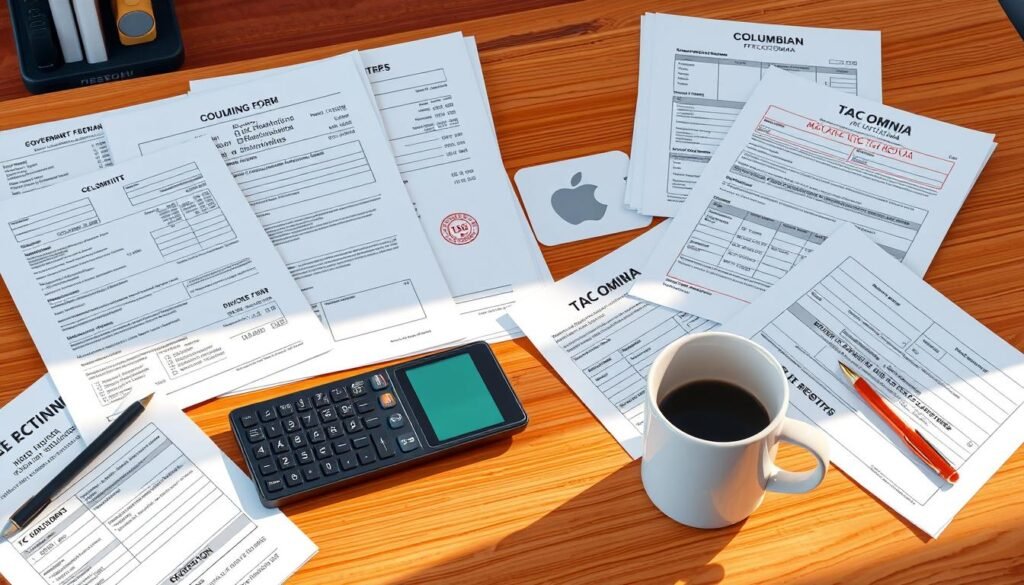 A high-resolution, photorealistic illustration of Colombian tax documents, including government forms, stamped receipts, and financial ledgers, arranged on a wooden desk with a laptop, calculator, and coffee mug in the foreground. The documents should convey a sense of complexity and bureaucracy, with detailed graphics and text. The lighting should be natural and warm, creating a professional and authoritative atmosphere. The composition should emphasize the interplay between technology and traditional paperwork, reflecting the evolving nature of tax compliance in Colombia.