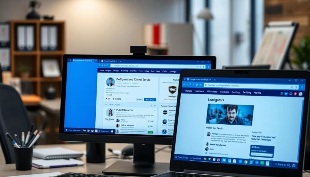 A high-resolution, photorealistic image of a computer desktop with multiple web browser windows open, displaying different social media profiles and background check information. The desktop is set against a blurred office environment, with a desk, chair, and other office supplies visible in the background. The web browser windows show professional networking profiles, public records, and other relevant background data, conveying a sense of thorough investigation and due diligence. The overall scene should evoke a mood of responsible, data-driven decision-making with the aid of AI-powered screening tools.