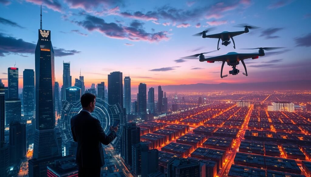A high-tech cityscape at dusk, with towering skyscrapers and neon-lit streets. In the foreground, a businessperson navigates a complex holographic interface, symbolizing the intricate technological landscape. The middle ground features a gridwork of servers and data centers, casting an eerie glow. In the background, a looming silhouette of a surveillance drone hovers ominously, suggesting the tense geopolitical dynamics. The scene evokes a sense of both progress and control, reflecting the delicate balance of technological advancements and national security concerns.