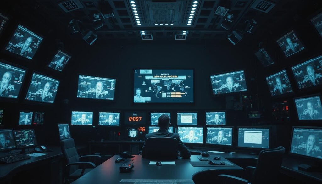 A high-tech control room filled with screens, monitors, and sleek equipment. The room is dimly lit, creating an ominous atmosphere. In the foreground, a lone executive sits at a desk, their face illuminated by the glow of the screens, deep in thought. The background is shrouded in darkness, hinting at the unseen complexities and risks of the technology at hand. The image conveys a sense of governance and control, while also suggesting the potential for bias, errors, and the limitations of the technology being employed.
