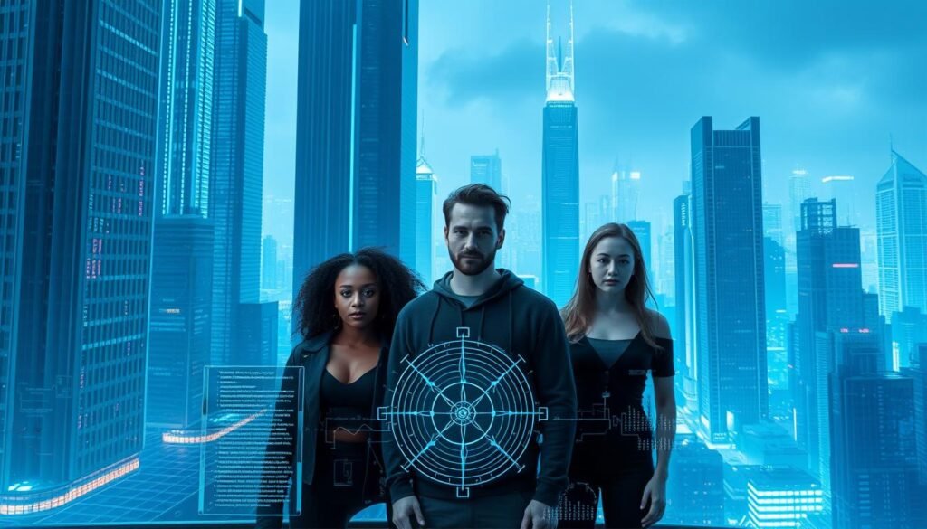 A high-tech cyberpunk landscape, with towering skyscrapers and a sleek, minimalist aesthetic. In the foreground, a trio of diverse individuals - a woman, a man, and a non-binary person - standing together, their expressions calm and resolute. They are surrounded by holographic data visualizations, lines of code, and futuristic interfaces. The middle ground features a series of abstract geometric shapes and patterns, suggesting the intricate algorithms and mathematical processes that govern the equitable AI system. In the background, a vibrant, neon-lit city skyline, bathed in a cool, blue-toned lighting, creating an atmosphere of innovation, technology, and social progress.