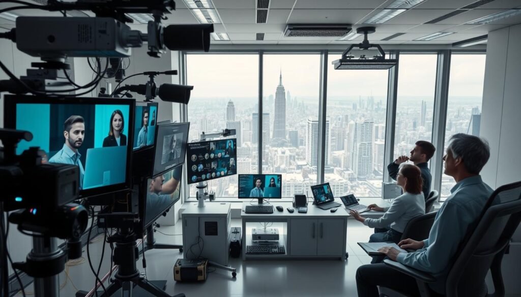 A high-tech laboratory filled with state-of-the-art computer vision equipment. In the foreground, a series of cameras, sensors, and monitors display live footage of a person being interviewed, their body language and facial expressions analyzed in real-time. In the middle ground, a team of researchers intently studying the data, using advanced AI algorithms to interpret the interview subject's emotional state and nonverbal cues. In the background, a sprawling city skyline visible through large windows, suggesting the global impact of this cutting-edge technology. Soft, diffused lighting creates a contemplative, scientific atmosphere, while sleek, minimalist design elements convey a sense of sophistication and innovation. A high-tech laboratory filled with state-of-the-art computer vision equipment. In the foreground, a series of cameras, sensors, and monitors display live footage of a person being interviewed, their body language and facial expressions analyzed in real-time. In the middle ground, a team of researchers intently studying the data, using advanced AI algorithms to interpret the interview subject's emotional state and nonverbal cues. In the background, a sprawling city skyline visible through large windows, suggesting the global impact of this cutting-edge technology. Soft, diffused lighting creates a contemplative, scientific atmosphere, while sleek, minimalist design elements convey a sense of sophistication and innovation.