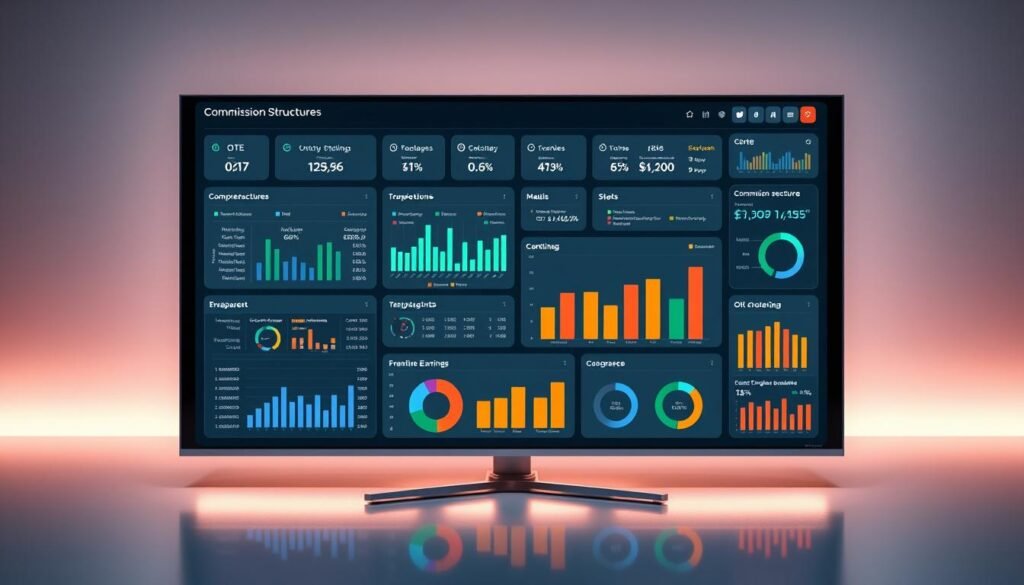 A high-tech software interface displaying a comprehensive overview of commission structures, OTE (On-Target Earnings) projections, and transparent performance metrics. The sleek dashboard features intuitive data visualizations, customizable reports, and seamless integration with the company's sales and HR systems. Ambient studio lighting illuminates the various information panels, creating a professional and data-driven atmosphere. The layout is designed for easy navigation, allowing executives to quickly assess their team's performance and make informed decisions. The overall aesthetic conveys a sense of technological sophistication and organizational efficiency.