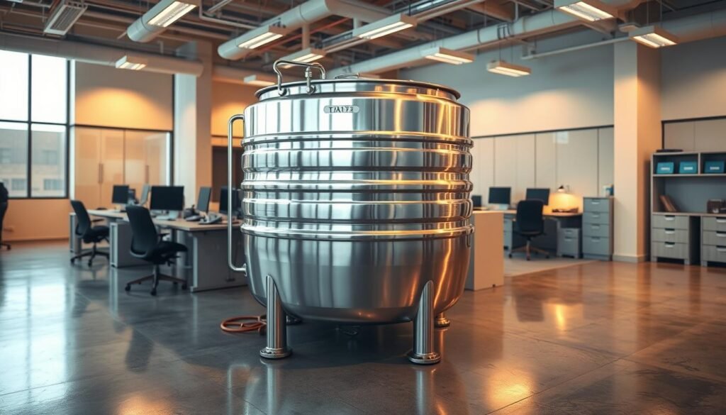 A large, industrial-sized metal vat in a well-lit, modern tax office. The vat sits on a polished concrete floor, surrounded by desks, computers, and filing cabinets. Warm, ambient lighting casts a soft glow, reflecting off the gleaming, stainless-steel surface of the vat. The vat is the focal point, representing the concept of value-added tax (VAT) collection and accounting for goods and services. The scene conveys a sense of efficiency, organization, and professionalism, aligning with the subject of tax obligations for businesses in Colombia.