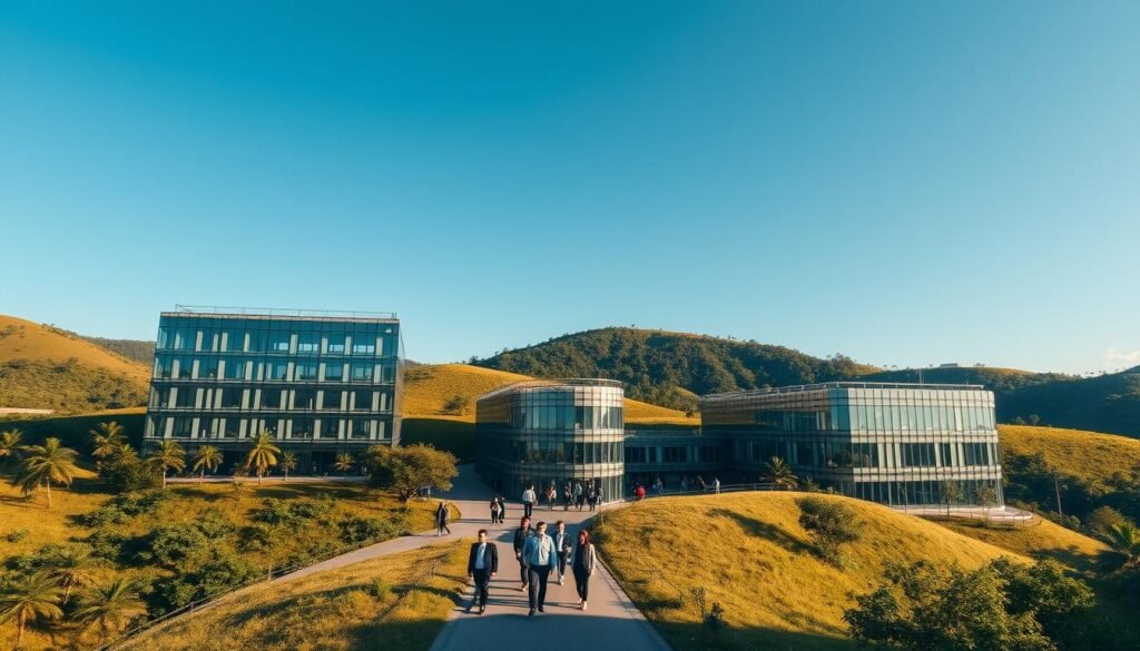 A lush, Colombian landscape with a thriving corporate campus in the foreground. The modern glass-and-steel buildings are nestled amidst verdant hills, with a clear blue sky overhead. In the middle ground, employees in professional attire move purposefully between the structures, engaged in discussions. The atmosphere exudes a sense of productivity and success. Warm, directional lighting illuminates the scene, casting subtle shadows and highlighting the architectural details. The composition emphasizes the harmonious integration of the built environment with the natural surroundings, reflecting the company's Colombian roots and global ambition.