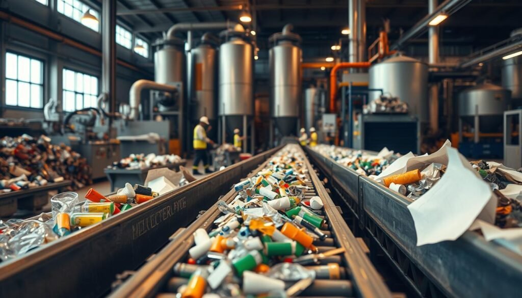 A meticulously crafted industrial setting, showcasing the process of waste valorization. In the foreground, a conveyor belt transports a diverse array of recyclable materials - plastic, metal, glass, and paper. The middle ground features sorting machinery and workers in protective gear, carefully examining and categorizing the waste stream. In the background, towering silos and processing equipment symbolize the transformation of these discarded resources into valuable new products. Warm, ambient lighting illuminates the scene, creating a sense of efficiency and environmental responsibility. The overall composition conveys the systematic and sustainable approach to managing waste, central to the circular economy.