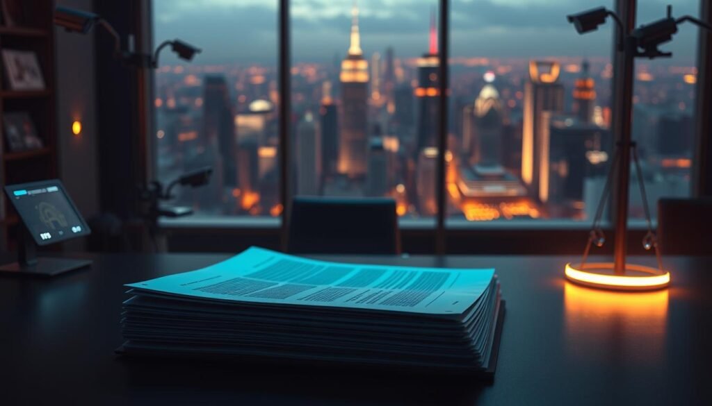 A meticulously crafted scene of AI regulations, set in a dimly lit, futuristic office. In the foreground, a stack of legal documents, their pages illuminated by a soft, ambient glow. Surrounding them, sleek, state-of-the-art technology - holographic displays, biometric scanners, and a subtle network of surveillance cameras. In the background, a panoramic window offers a glimpse of a bustling, high-tech city skyline, hinting at the complex interplay between emerging technologies and evolving regulatory frameworks. The overall atmosphere conveys a sense of cautious optimism, as the image symbolizes the delicate balance between innovation and responsible governance in the age of AI, monitoring, and sector-specific data protection laws.