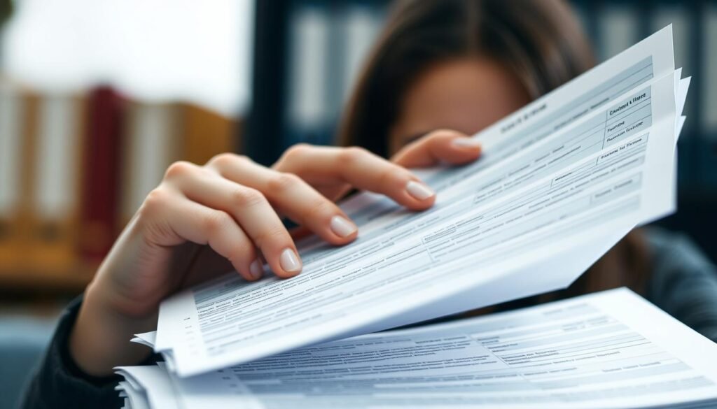 A mid-shot photograph of a closeup view of a woman's hand carefully reviewing a stack of assessment forms, her face obscured by the paperwork. The lighting is soft and diffuse, creating an atmosphere of thoughtful concentration. The forms are crisp and professional-looking, with various checklists, scoring rubrics, and detailed notes visible. The background is blurred, suggesting an office environment with bookshelves or filing cabinets. The overall mood is one of diligence and attention to detail, reflecting the care and rigor of the hiring assessment process.