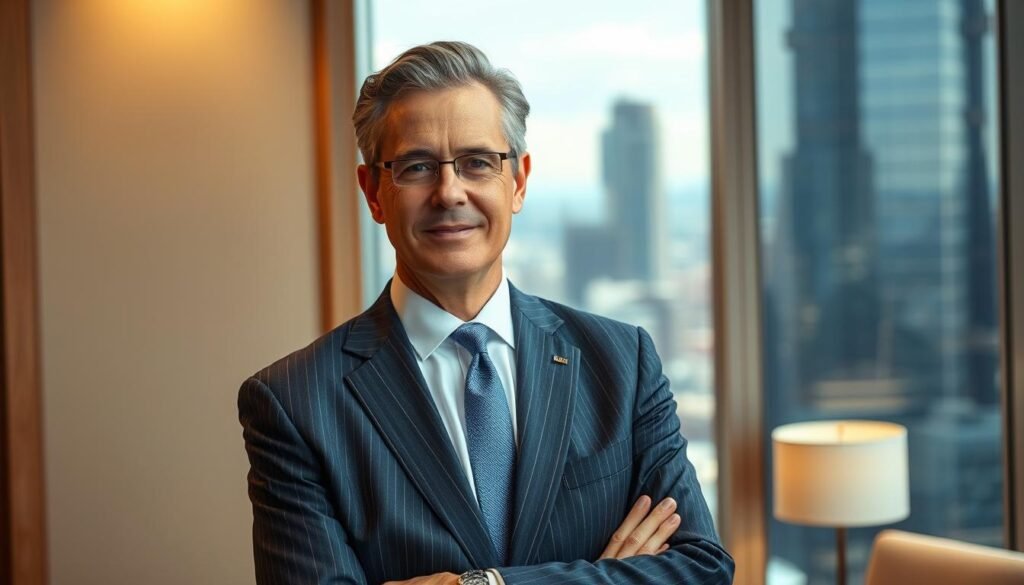 A middle-aged, distinguished-looking CEO standing confidently in a well-appointed corporate office. Dressed in a tailored suit with a subtle pinstripe pattern, the CEO's posture exudes authority and composure. The lighting is warm and flattering, with soft shadows accentuating the CEO's features. The background features a large window overlooking a bustling city skyline, suggesting the executive's position of power and influence. The overall atmosphere is one of professionalism, stability, and a steady hand guiding the organization through a transition. The image conveys a sense of calm leadership and a well-planned corporate governance strategy for a smooth CEO succession.