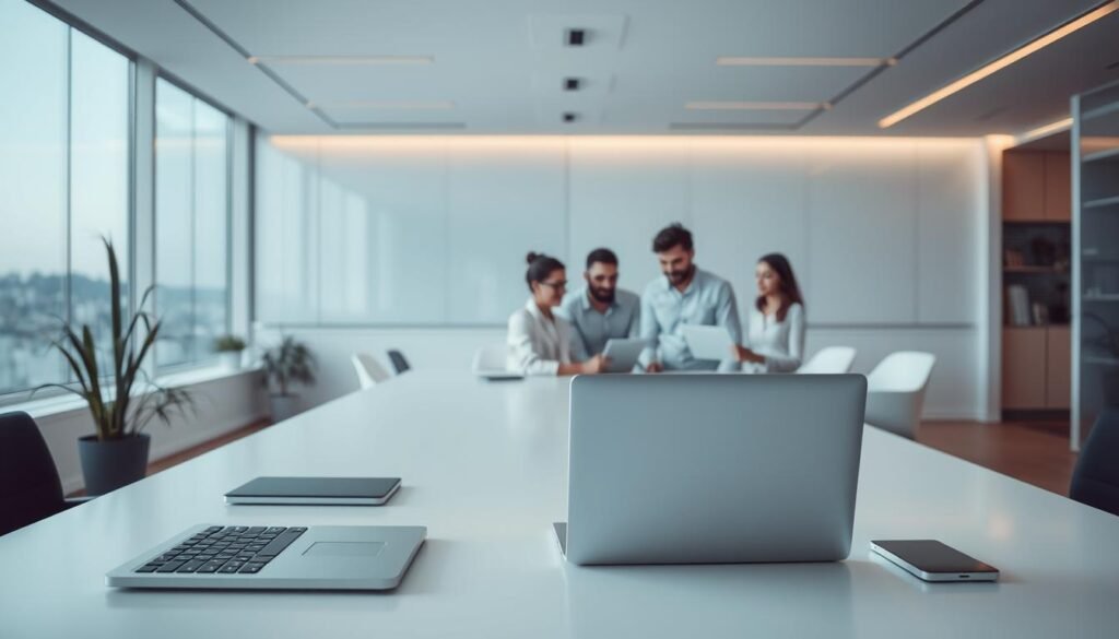 A minimalist and streamlined office setting, with clean lines, subtle lighting, and a harmonious blend of technology and functionality. In the foreground, a modern, uncluttered desk with a sleek laptop, a tablet, and a few carefully placed office supplies. The middle ground features a team of professionals collaborating seamlessly, their expressions focused yet relaxed, exemplifying efficient communication and collaboration. In the background, a large, panoramic window offers a calming, natural view, reinforcing the sense of serenity and frictionless operation. The overall atmosphere conveys a sense of productivity, professionalism, and seamless integration of digital tools, reflecting the concept of "Operación sin fricciones".