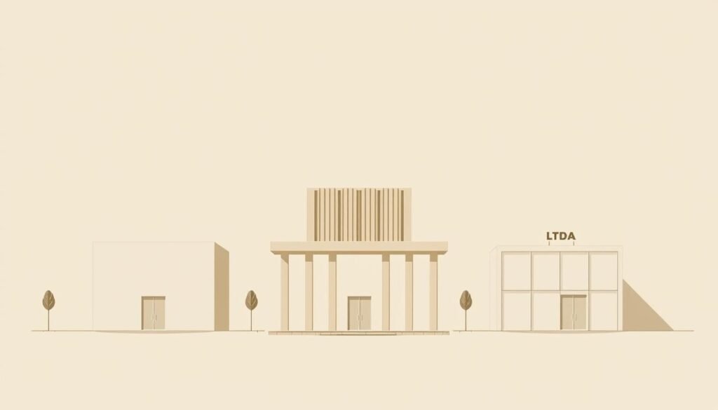 A minimalist, architectural illustration showcasing the legal structures of businesses in Colombia - a SAS (Simplified Stock Company), an SA (Anonymous Society), an LTDA (Limited Liability Company), partnerships, and branch offices. Rendered in a clean, technical style with muted, earthy tones. The composition features geometric shapes and lines in the foreground, middle ground, and background, creating a sense of depth and structure. Careful use of shadow and light to emphasize the forms and highlight the distinctive features of each business entity. An overall feeling of order, efficiency, and professionalism to convey the regulatory environment for corporations in the country.
