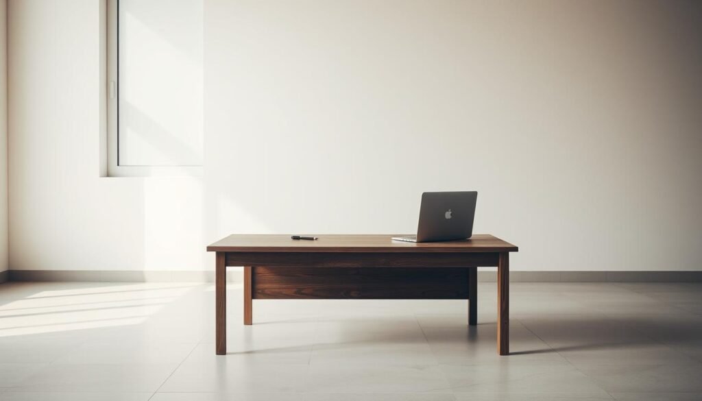 A minimalist scene set in a serene office environment, capturing the essence of minimum wage. In the foreground, a well-worn wooden desk sits atop a plain linoleum floor, a simple laptop and pen serve as the only tools of the trade. Soft, natural light filters through large windows, casting a warm glow on the scene. The background features a clean, neutral-toned wall, emphasizing the simplicity and practicality of the workspace. The overall mood is one of quiet reflection, highlighting the daily struggles and modest means of those working for minimum wage, yet conveying a sense of resilience and determination.