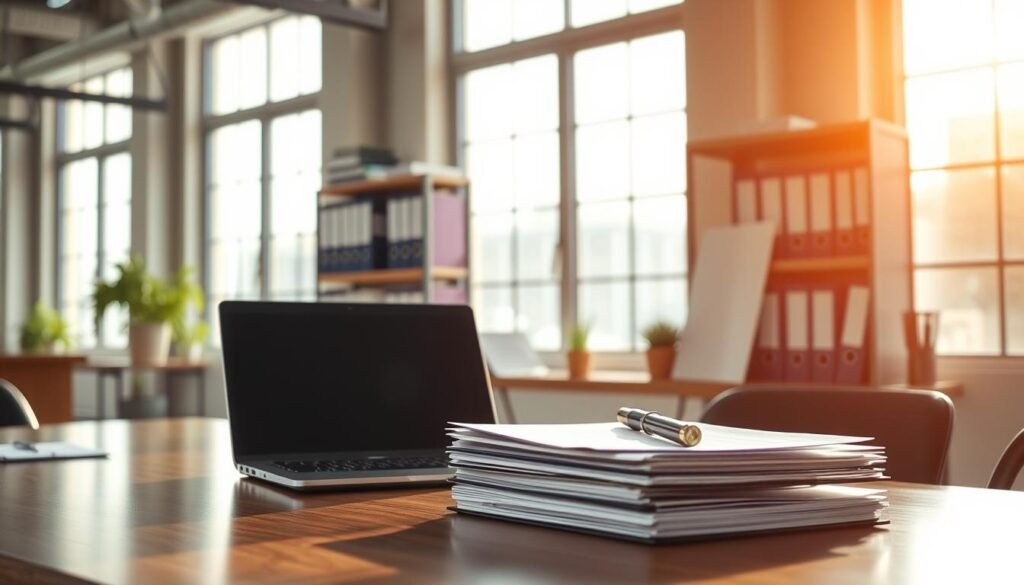 A modern and professional office interior, bathed in warm, natural lighting from large windows. On the desk, a stack of legal documents and a laptop, symbolizing the administrative tasks and regulatory compliance required for manufacturing operations. In the background, shelves filled with binders and reference materials, conveying the importance of staying informed about relevant health and safety regulations. The overall atmosphere is one of diligence, organization, and a commitment to navigating the complexities of the Mexican business landscape.