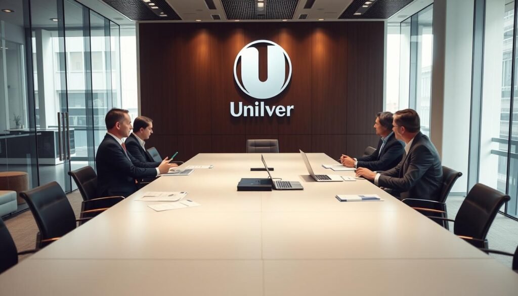 A modern and sleek corporate office space, with a large conference table in the foreground. On the table, a laptop and several documents are arranged, suggesting an ongoing meeting or interview session. The middle ground features several executives seated around the table, engaged in discussion. The background showcases the Unilever logo prominently displayed on the wall, along with large windows providing ample natural lighting. The overall atmosphere conveys a sense of professionalism, efficiency, and technological advancement, reflecting Unilever's adoption of AI in their executive hiring processes.