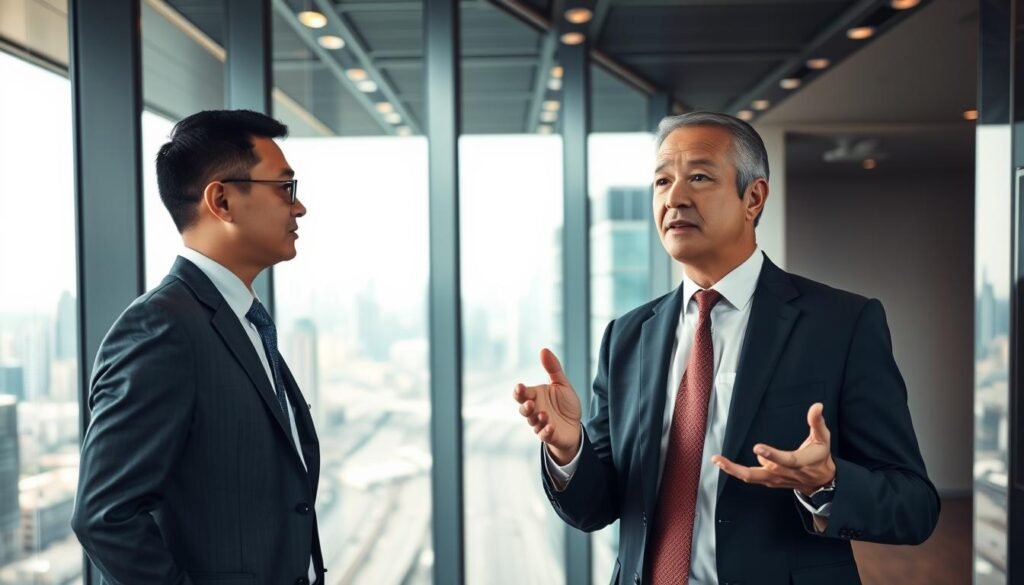 A modern and sleek office space, with a large glass window overlooking a bustling cityscape of skyscrapers and highways. In the foreground, a confident business executive stands, wearing a sharp suit and tie, gesturing emphatically as they discuss the relocation of operations from China to Mexico. The lighting is warm and professional, with subtle shadows and highlights accentuating the executive's features. The overall atmosphere conveys a sense of urgency, efficiency, and global connectivity, reflecting the specialized expertise required for such a critical business transition.