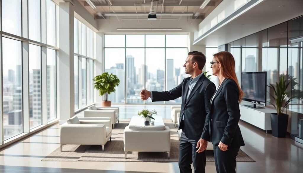 A modern, clean-lined office interior with bright, natural lighting streaming through large windows. In the foreground, two professionals in formal attire shake hands, signifying a successful job interview or hiring decision. The middle ground features sleek, minimalist furniture and decor, creating a harmonious, contemporary workspace. The background showcases a vibrant city skyline, hinting at the dynamic, fast-paced corporate environment. The scene conveys a sense of professionalism, opportunity, and a well-matched culture between the candidates and the organization.