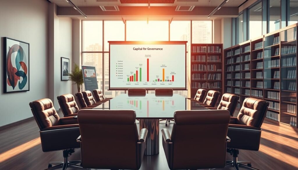 A modern corporate office interior, bathed in warm natural light filtering through large windows. In the foreground, a glass-topped conference table surrounded by plush leather chairs, symbolizing the collaborative nature of the company's governance. On the walls, abstract paintings and framed certificates suggest a commitment to transparency and shareholder engagement. The middle ground features a large projection screen, displaying a visual representation of the company's capital structure and shareholding distribution. In the background, floor-to-ceiling shelves filled with books and files convey a sense of professionalism and deep industry expertise. The overall atmosphere radiates a balance of innovation, authority, and shared responsibility.