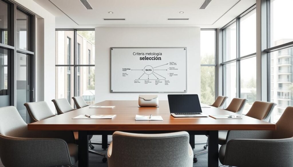 A modern corporate office interior with a large meeting table in the foreground, surrounded by comfortable chairs. The table features various documents, a laptop, and a pen. In the middle ground, a whiteboard on the wall displays a diagram or visual representation of "Criterios metodología selección". The background showcases floor-to-ceiling windows, allowing natural light to flood the space and creating a bright, airy atmosphere. The overall scene conveys a sense of professionalism, collaboration, and decision-making within a well-designed, functional workspace.