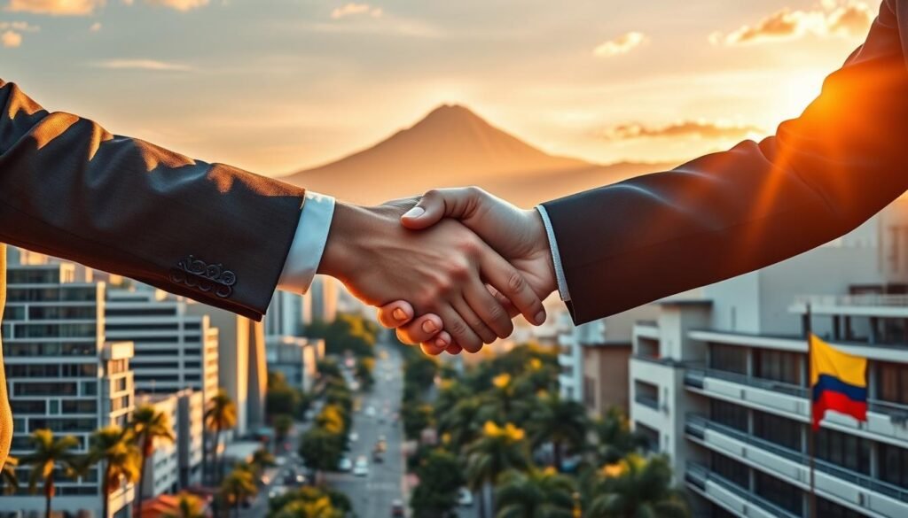A modern, dynamic skyline of Bogota, Colombia, with the iconic Monserrate mountain in the background, bathed in warm, golden light. In the foreground, a handshake between two business people, symbolizing a successful joint venture deal. The middle ground features a bustling city street, with high-rise office buildings, palm trees, and the vibrant colors of the Colombian flag. The scene conveys a sense of growth, opportunity, and the intersection of American and Colombian business interests. The lighting creates a sense of optimism and prosperity, reflecting the potential of this cross-cultural partnership.